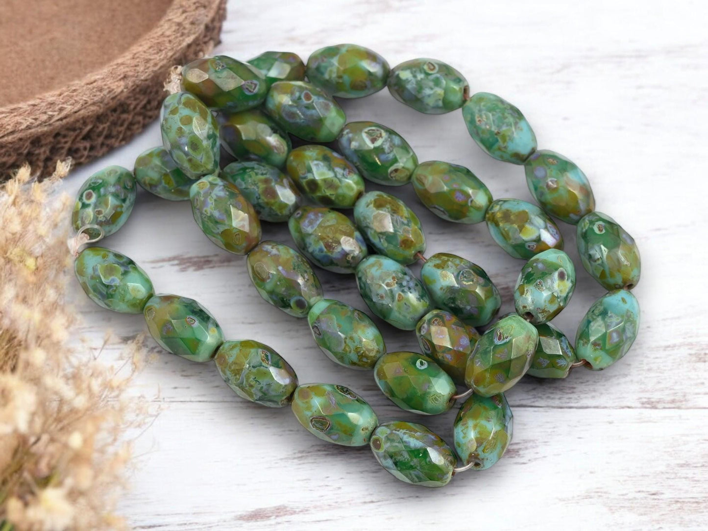 *12* 12x8mm Mottled Turquoise Picasso Fire Polished Faceted Oval Beads