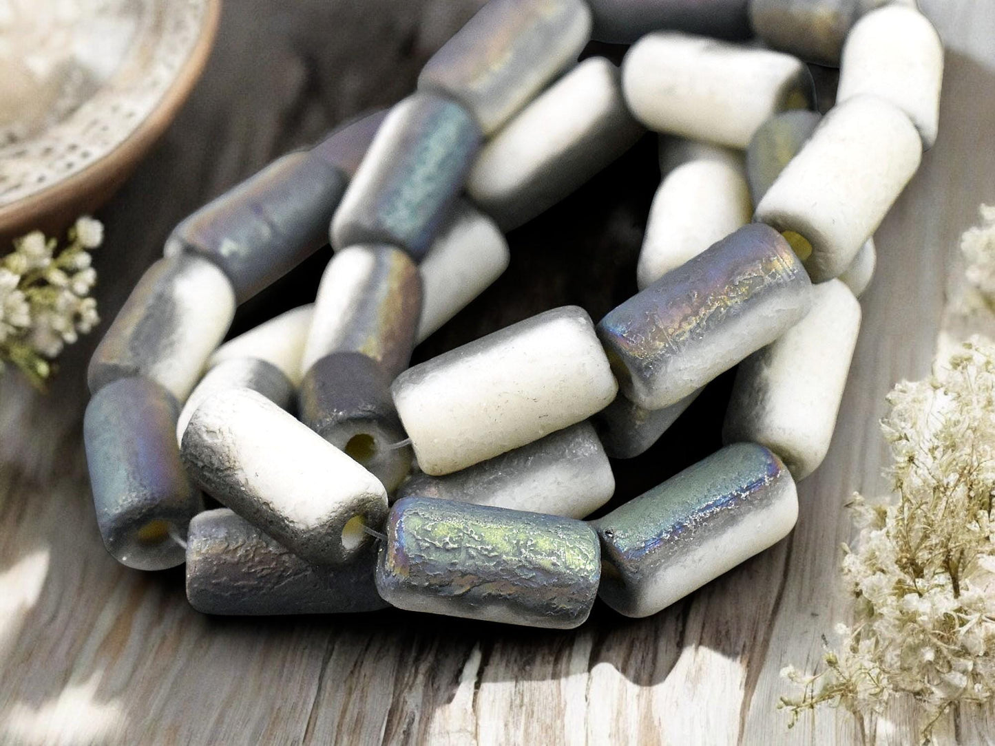 *10* 14x7mm Etched Bone White AB Large Hole Tube Beads