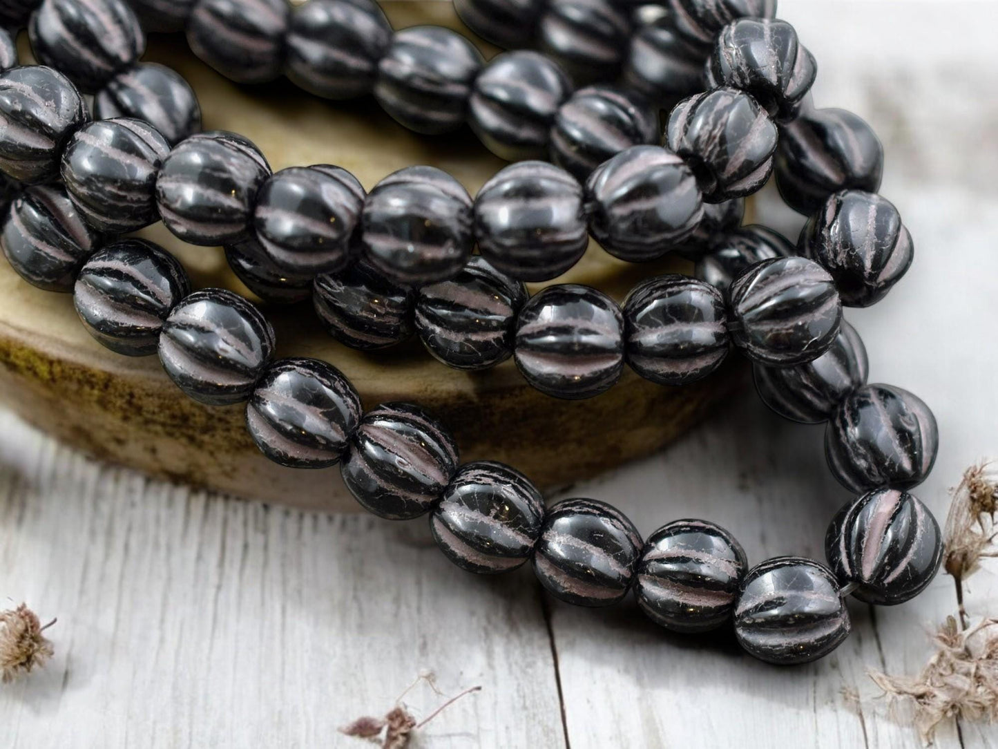 *25* 6mm Brown Washed Jet Black Large Hole Melon Beads