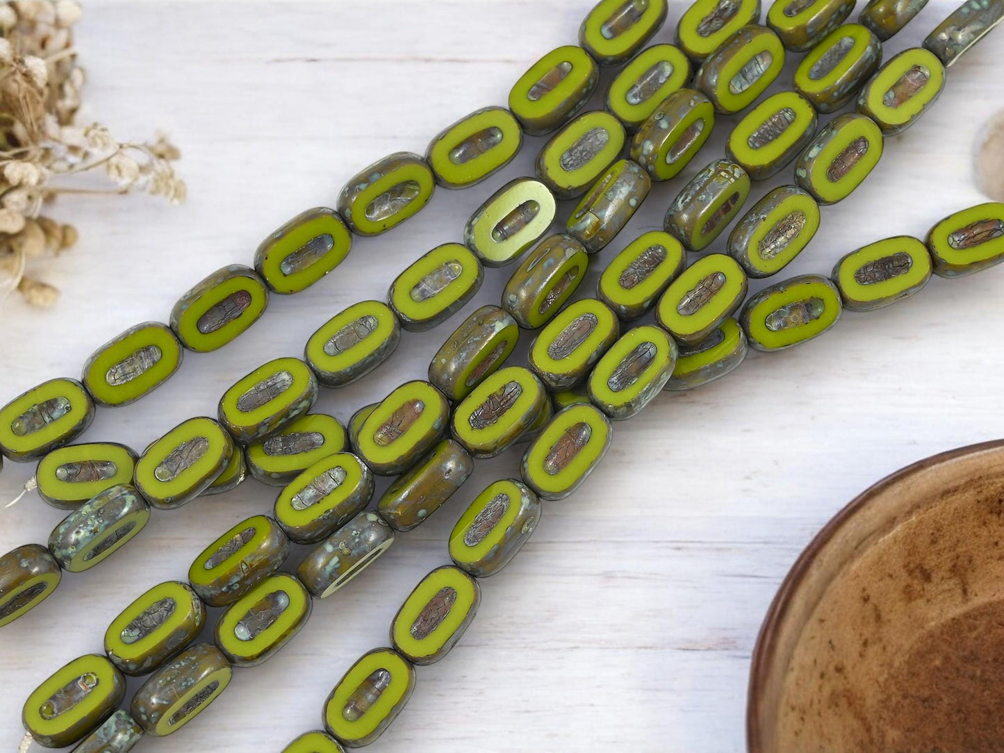 Czech Glass Chartreuse Picasso Table Cut Oval Beads - 11x7mm - 12pcs (2305)