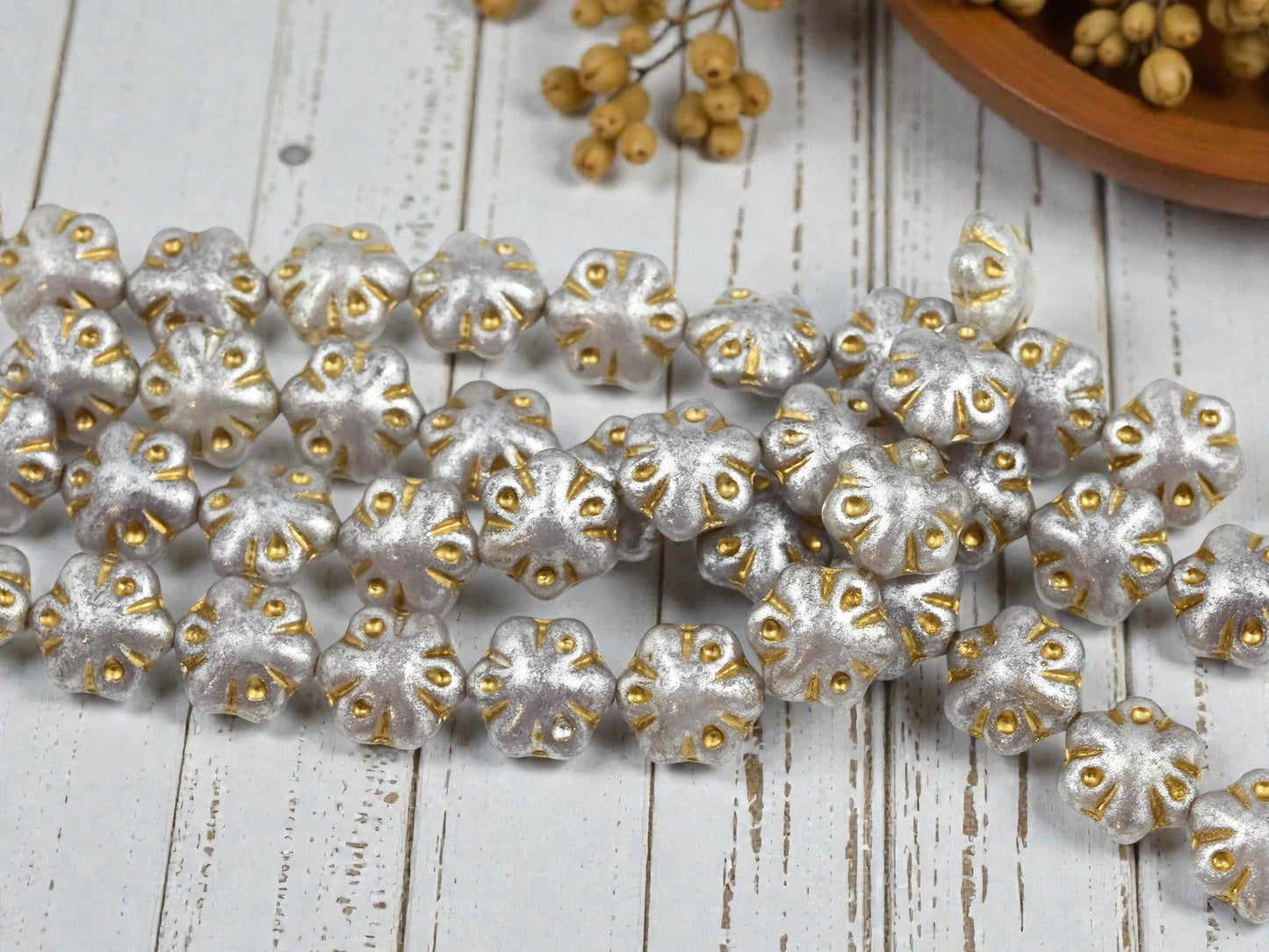Silver Beads - Flower Beads - Czech Glass Beads - Picasso Beads - 11mm - 10pcs - (1868)