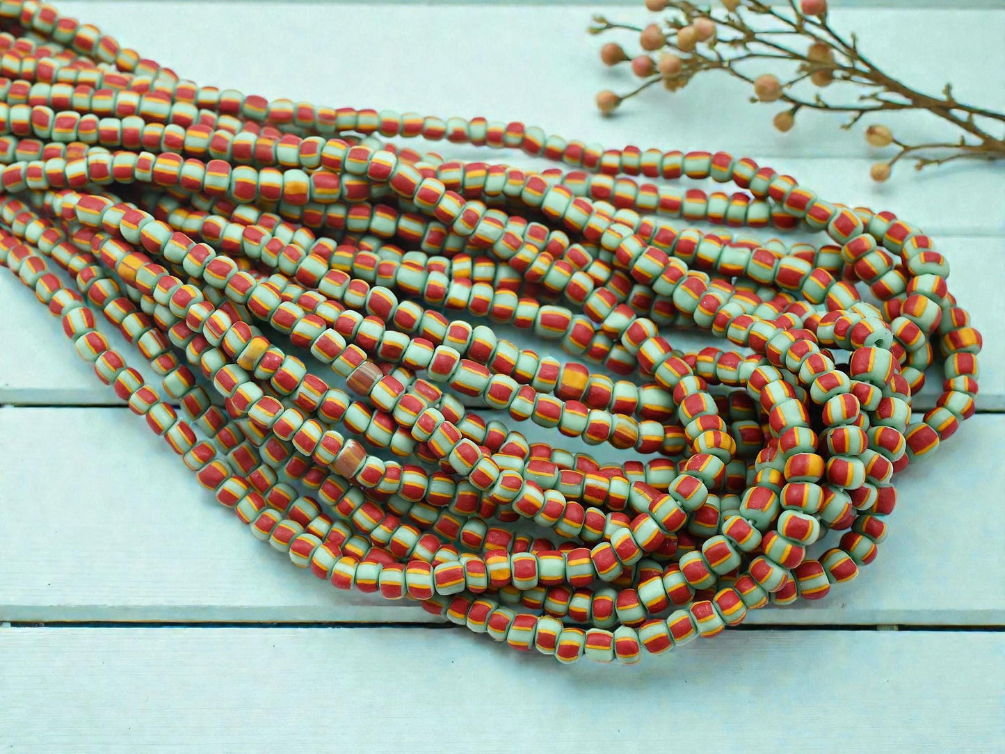 Indonesian Java Glass Trade Beads - Striped Gooseberry - 4-7mm - 24" Strand - (A62)