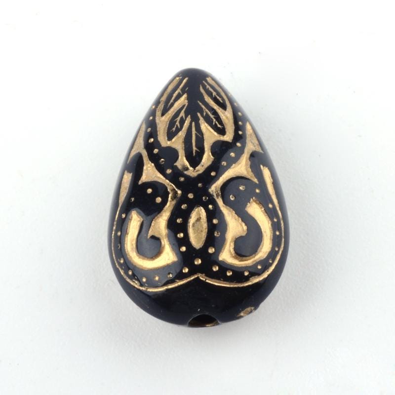 Gilded Black Vintage Style Acrylic Tear Drop Beads - Lightweight - 18x12mm - 10pcs - (1021)