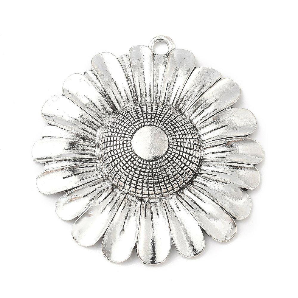 Antique Silver Metal Sunflower Pendant with Bail - 70x66mm - 1pcs - (A697)