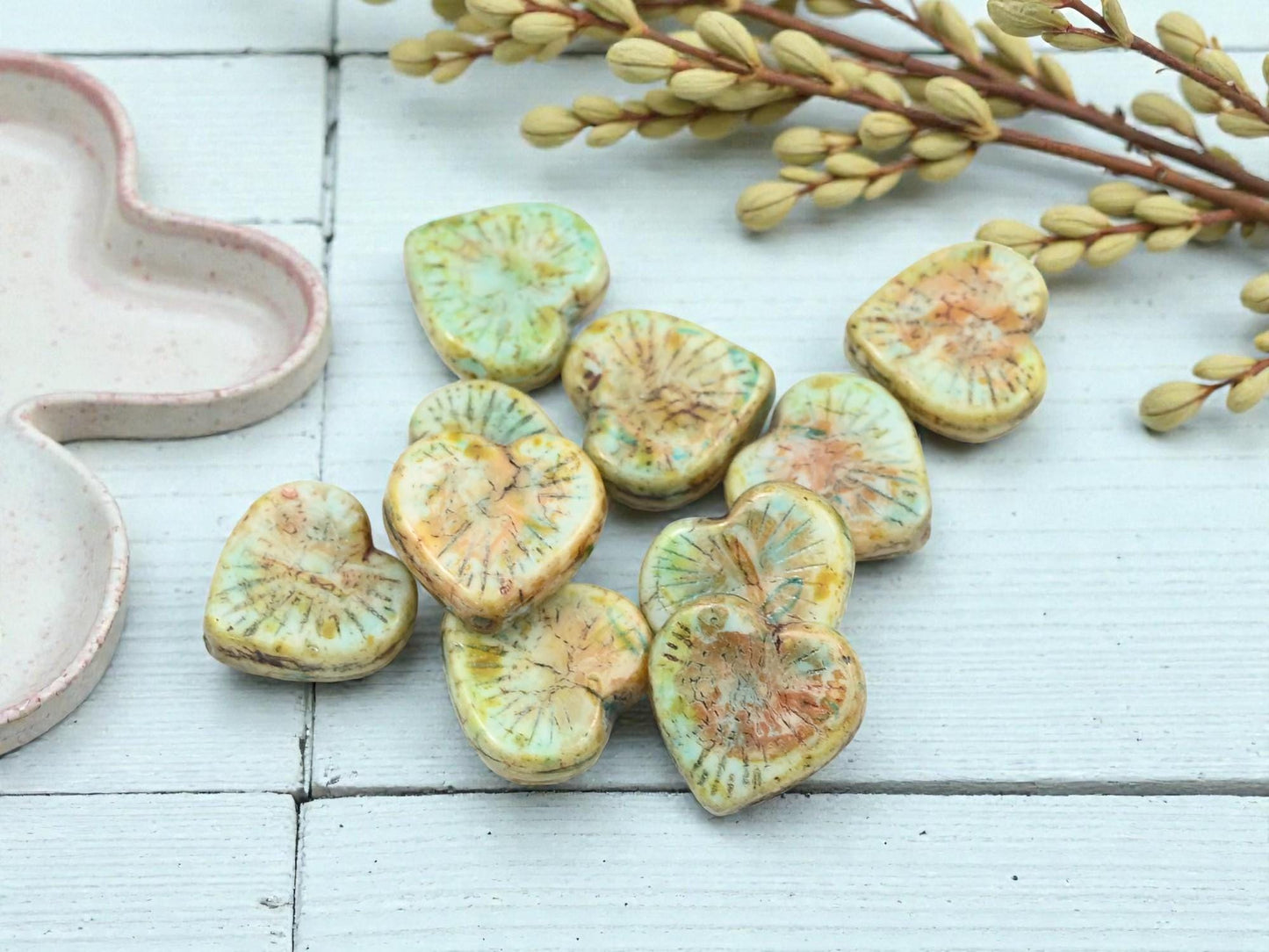 Czech Glass Rustic Green Picasso Flaming Heart Beads - 14mm - 10pcs - (5559)