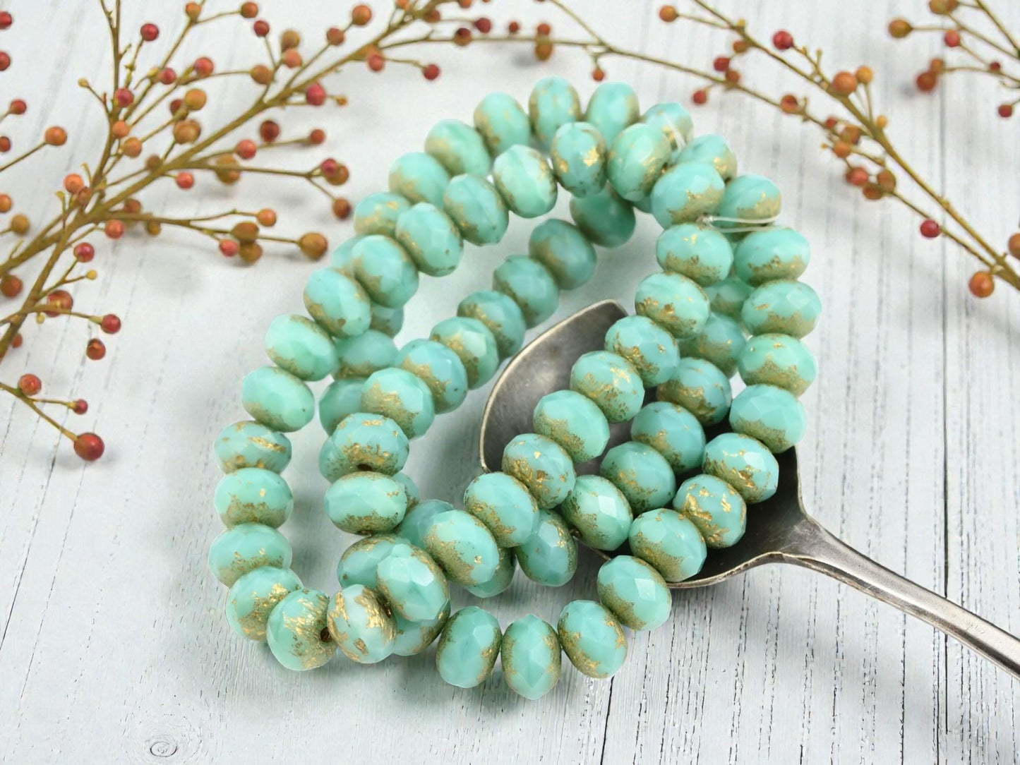 Czech Glass Faceted Fire Polished Rondelle Beads - Gold Etched Aqua Silk - 6x8mm - 25pcs - (3567)