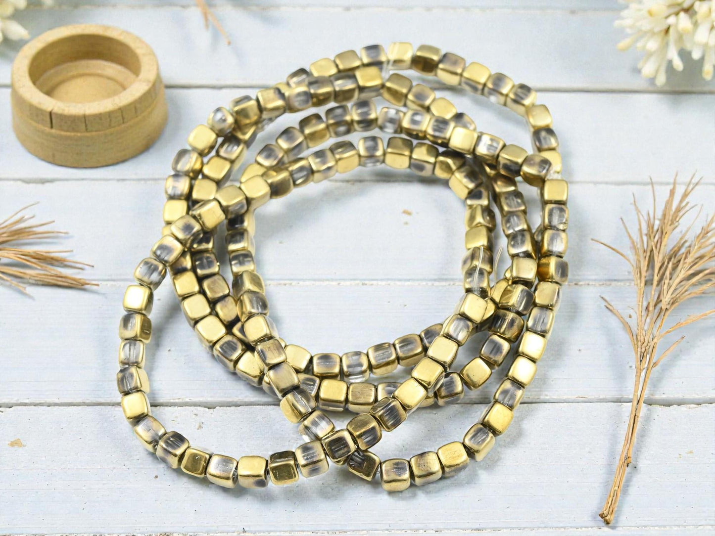 Czech Glass Cube Beads - Gold Washed Crystal - 4mm - 40pcs - (5702)