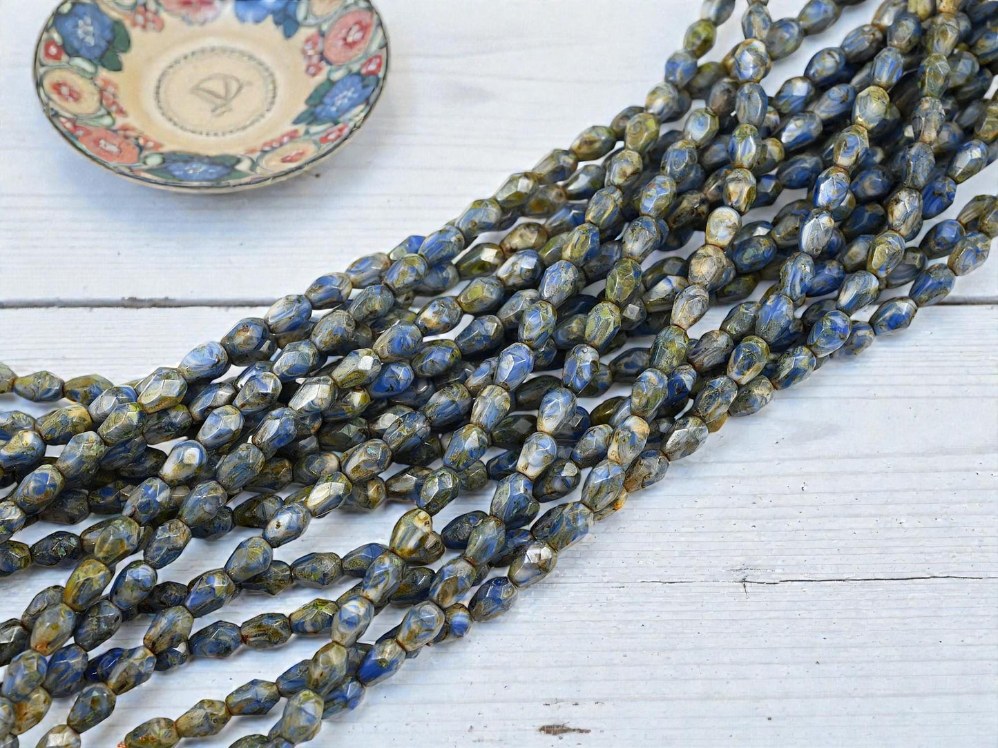 Czech Glass Fire Polished Faceted Tear Drop Beads - Blue Cream Travertine - 5x7mm - 29pcs - (B155)