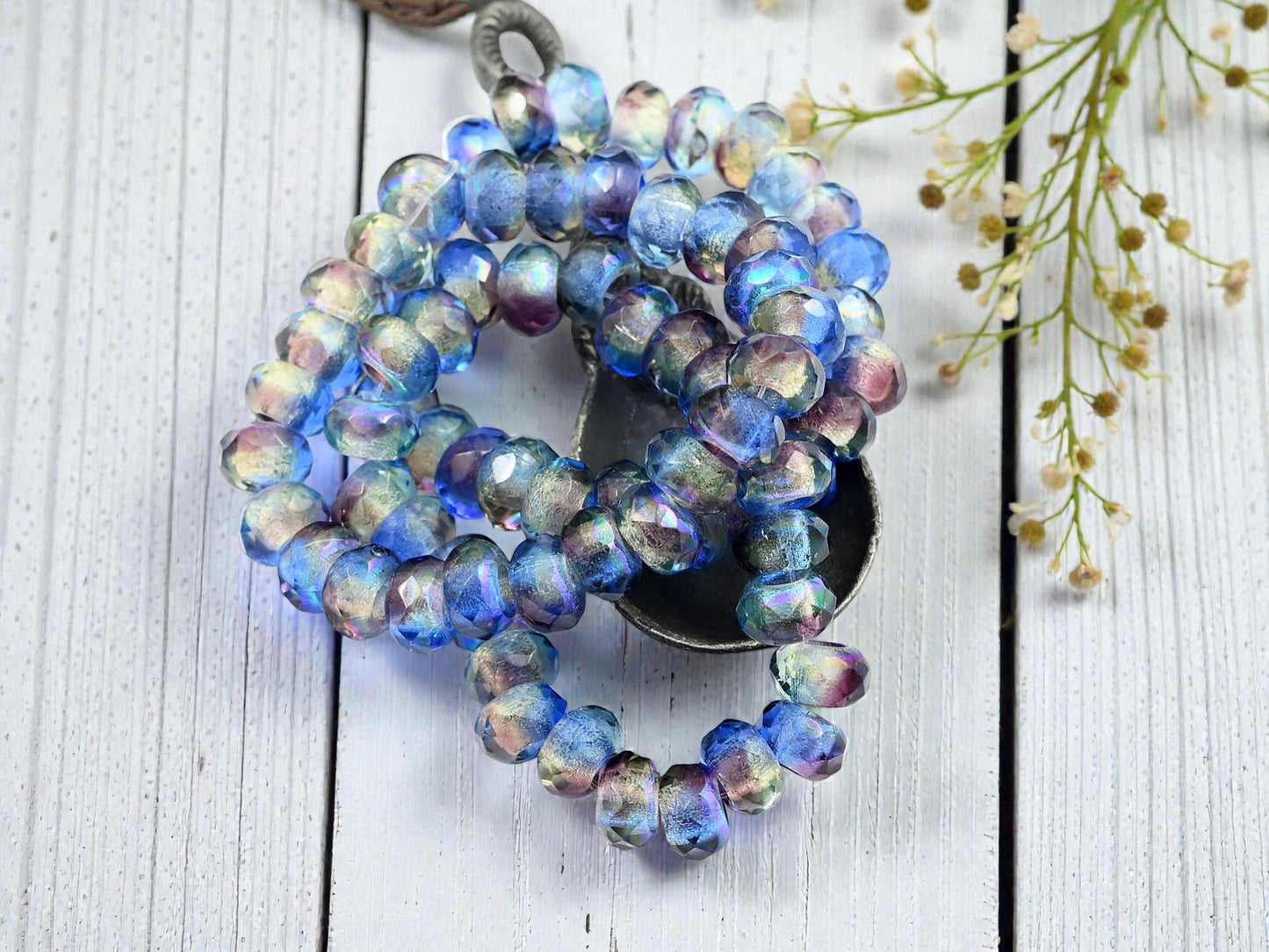 Czech Glass Large 3mm Hole Fire Polished Roller Rondelle Beads - Sapphire Amethyst Jonquil AB - 6x9mm - 25pcs - (1168)