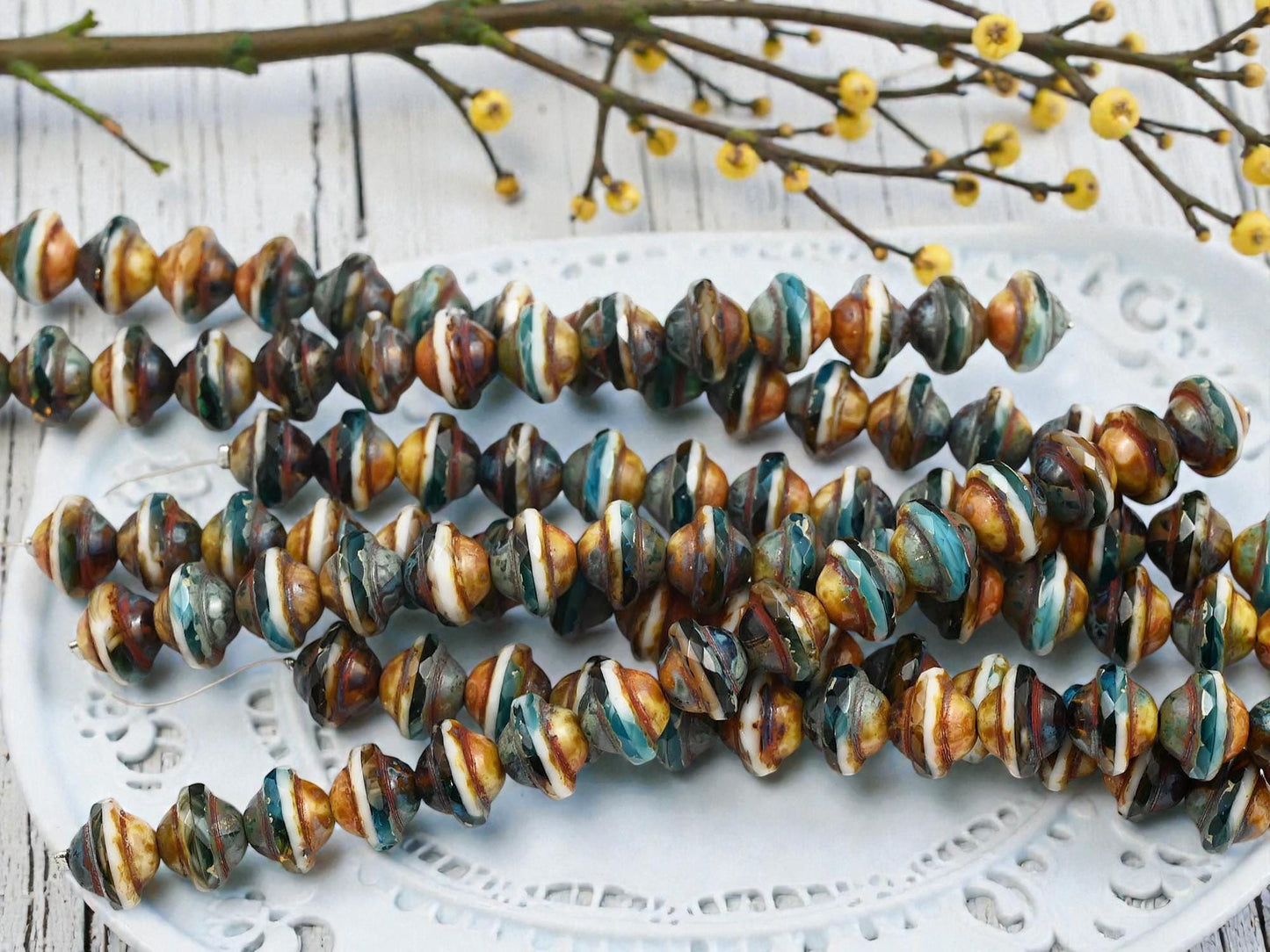 Czech Glass Fire Polished Saturn Beads - Blended Teal Aqua + White Picasso - 8x10mm - 15pcs - (4234)