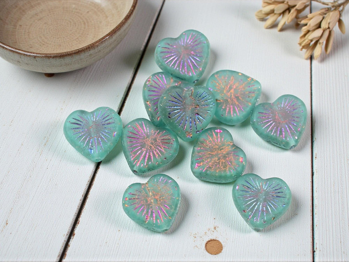 Czech Glass Metallic Volcano Washed Matte Teal Flaming Heart Beads - 14mm - 10pcs - (6180)