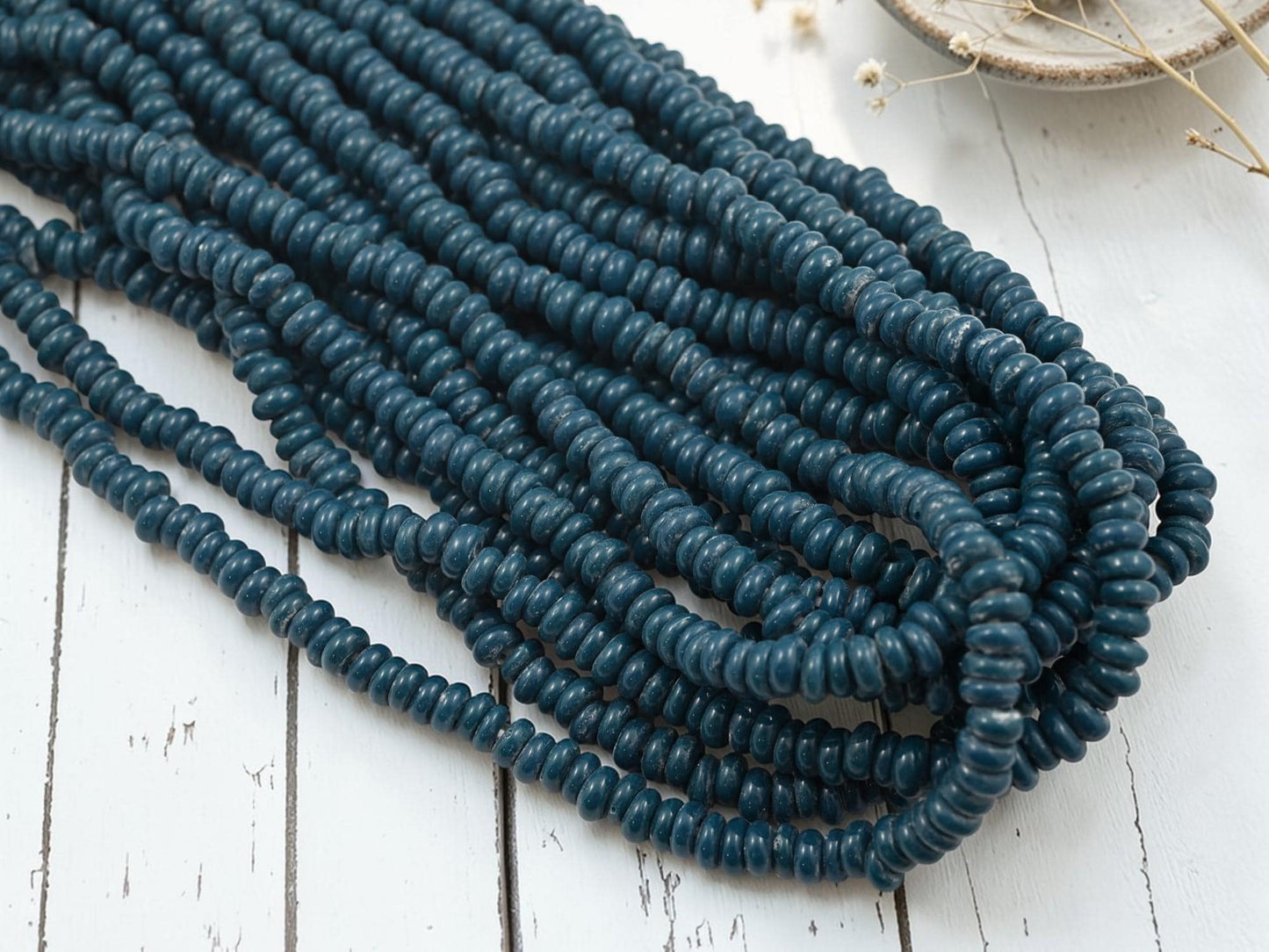 Indonesian Java Glass Beads - Donut Shape - Opaque Teal Blue - Approx 4x7mm - 20" Strand - (B65)