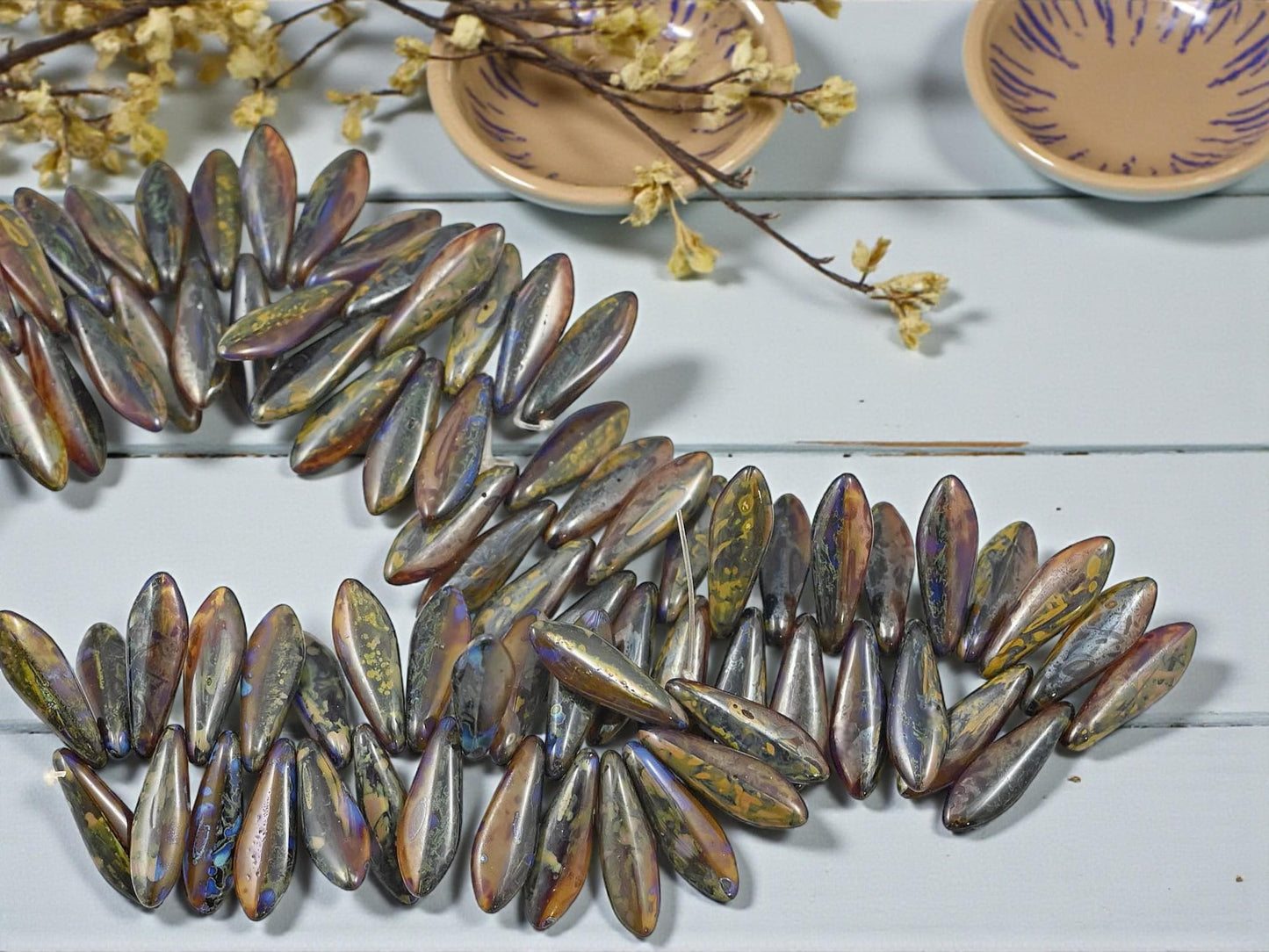 Czech Glass Beads - Dagger Beads - 5x16mm Dagger - Picasso Beads - 25pcs - (2576)