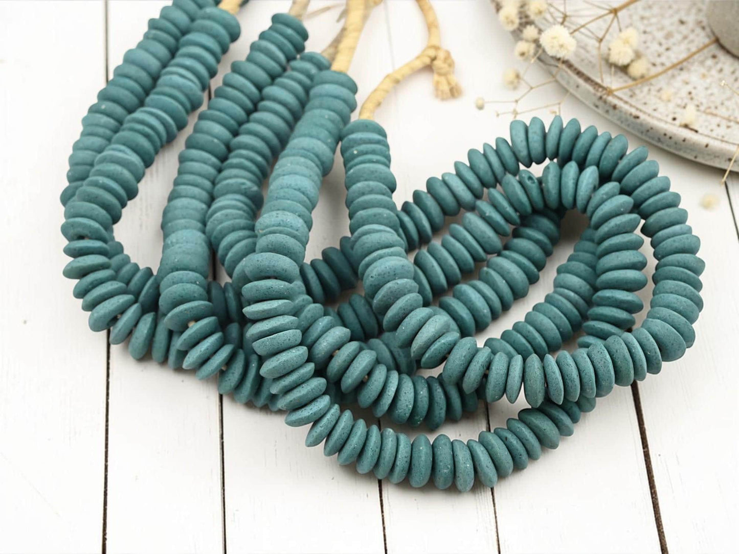 Africa Ghana Recycled Glass Ashanti Heishi Beads - Teal - 13-15mm - 10" Strand - (J66)