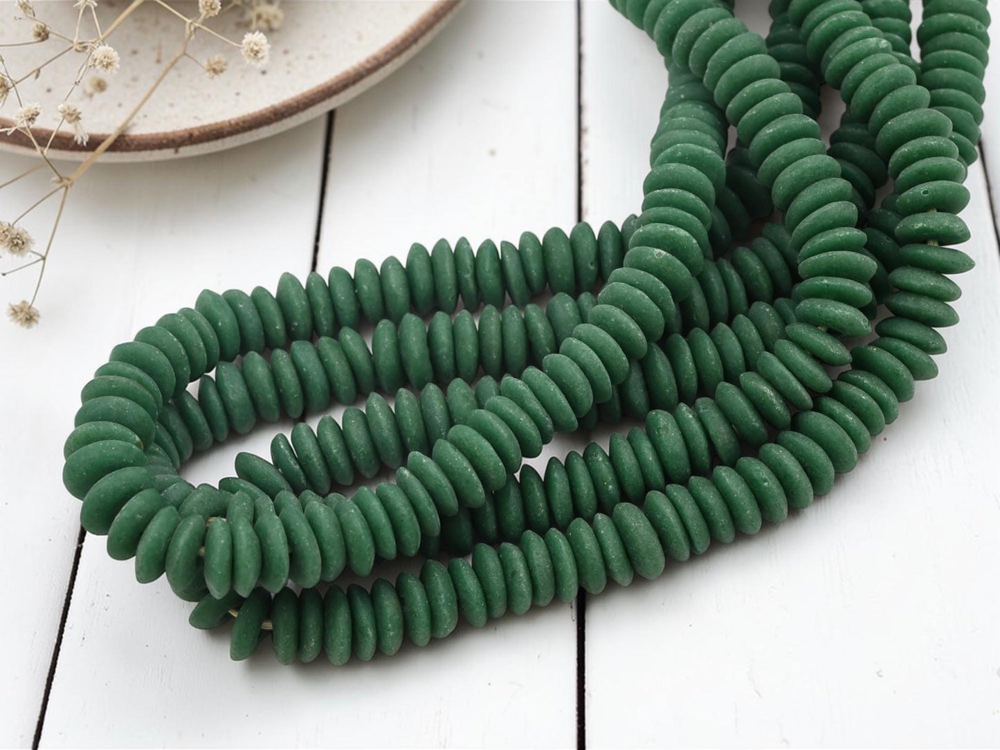 Africa Ghana Recycled Glass Ashanti Heishi Beads - Hunter Green - 13-15mm - 10" Strand - (J64)