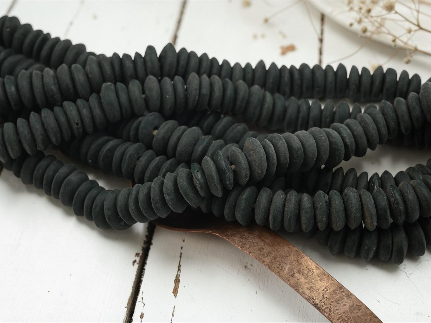 Africa Ghana Recycled Glass Ashanti Heishi Beads - Weathered Black - 13-15mm - 10" Strand - (J61)