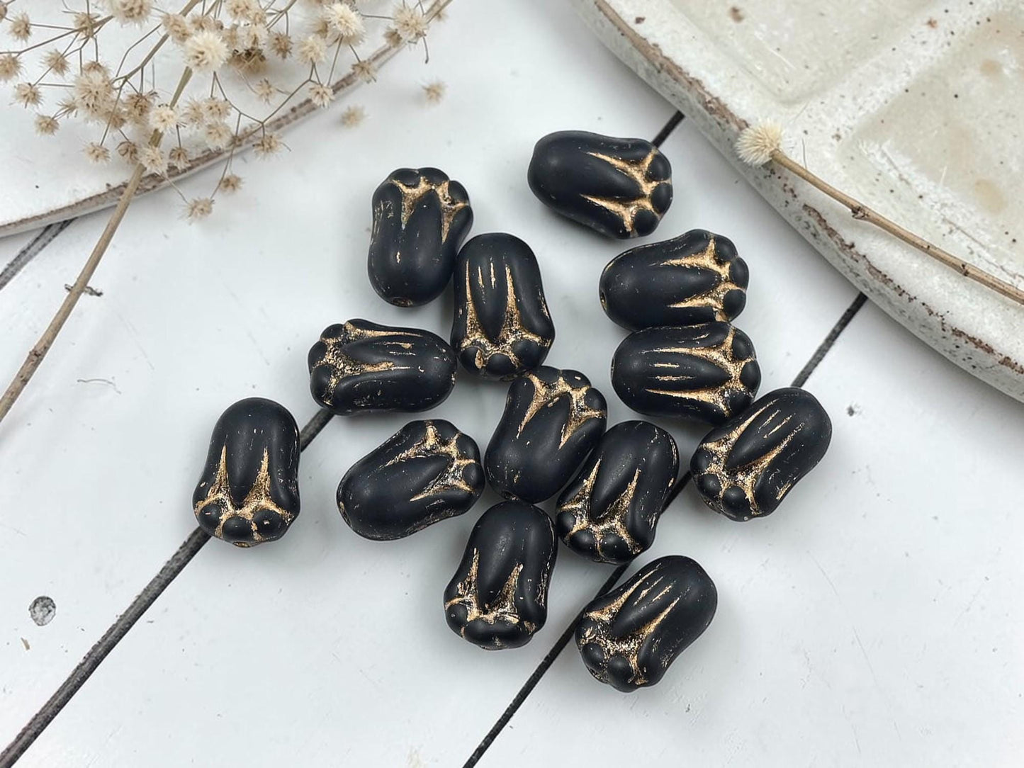 Czech Glass Tulip Flower Beads - Gold Washed Jet Black - 12pcs - 12x8mm - (1191)