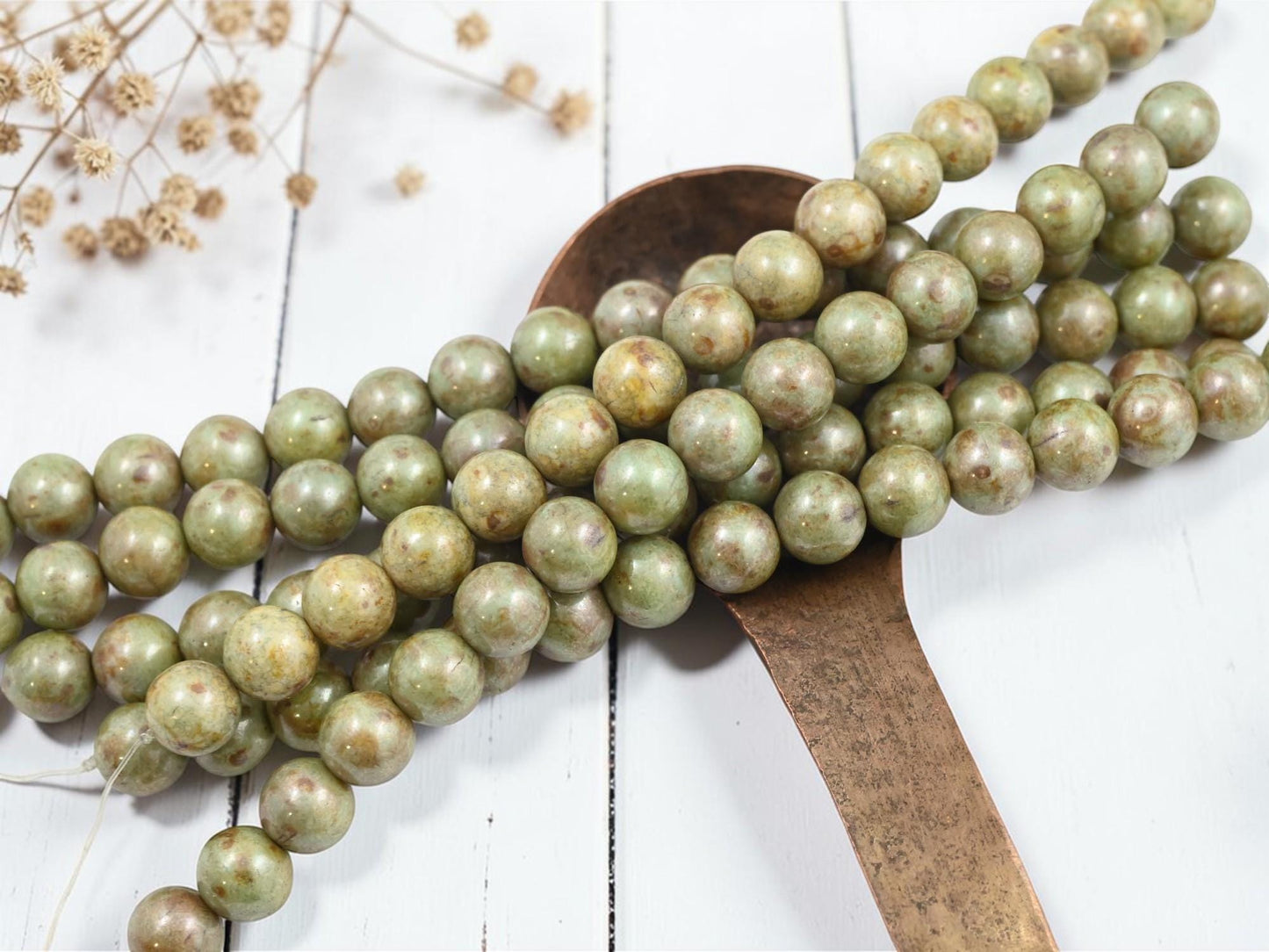 Old Stock Czech Glass Green Luster Picasso Round Druk Beads - 8mm - 16pcs - (2711)