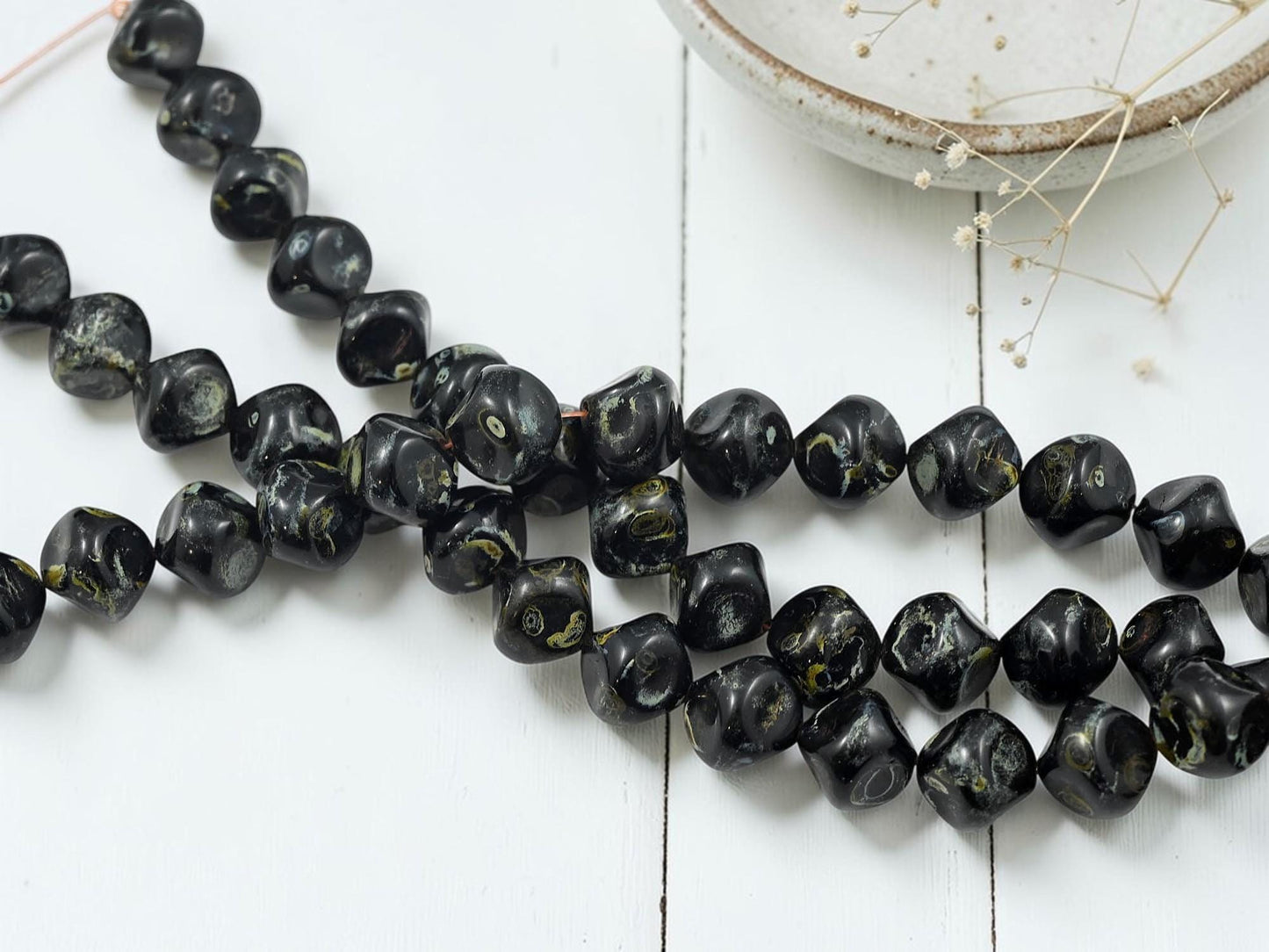 Old Stock Vintage Czech Glass Pinched Round Nugget Beads - Jet Travertine - 11mm - 18pcs - (2732)