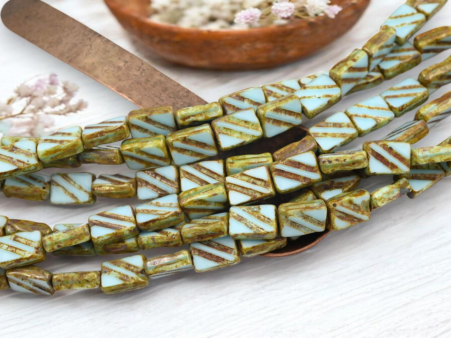 Old Stock Vintage Czech Glass Table Cut Rectangle Beads - Robins Egg Blue Travertine - 12x8mm - 15pcs - (619)