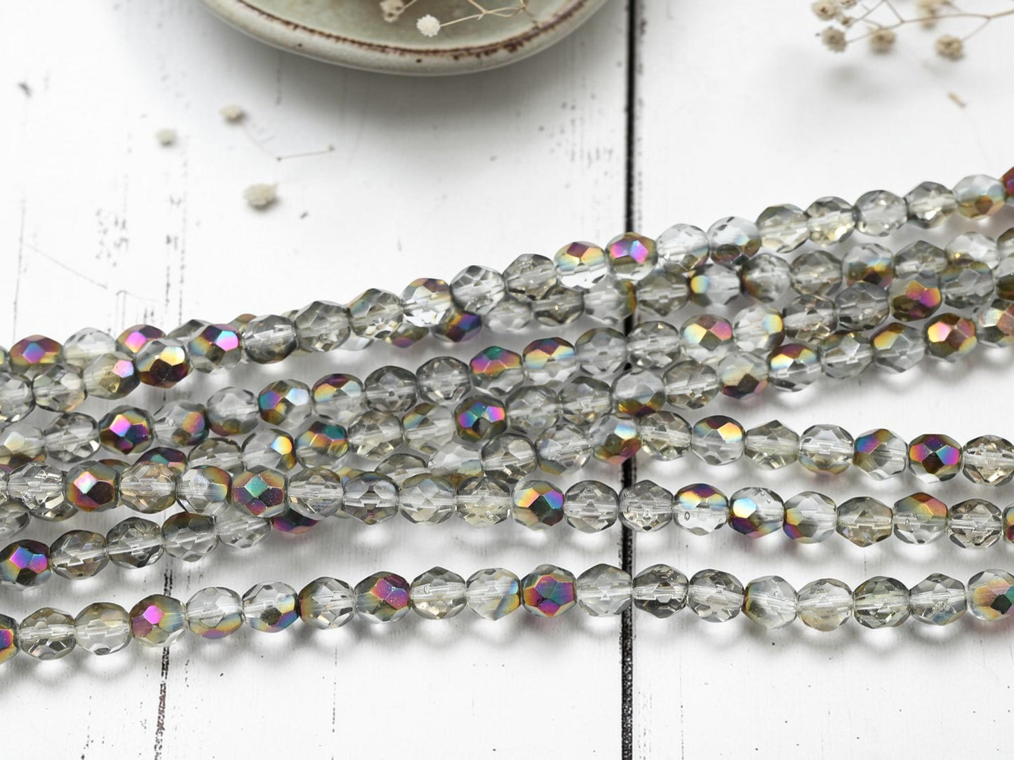 7mm Old Stock Czech Glass Faceted Fire Polished Round Beads - Crystal Bronze Rainbow - 30pcs - (A421)