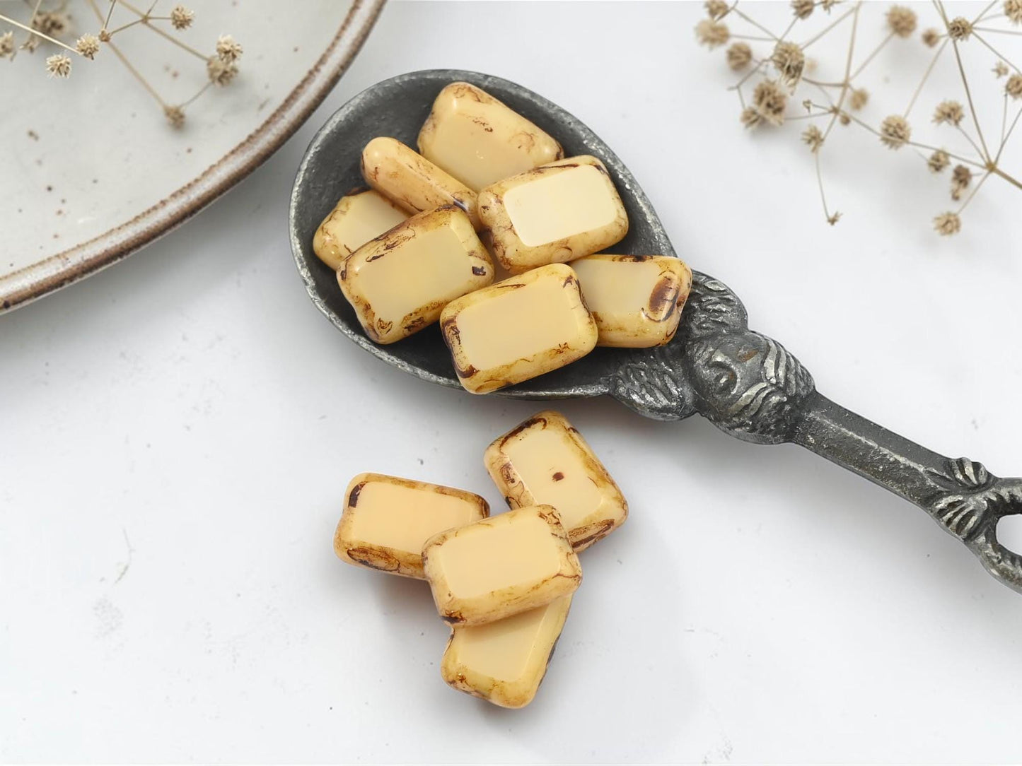 Old Stock Czech Glass Table Cut Rectangle Beads - Opaque Beige Travertine - 12x8mm - 12pcs - (2260)