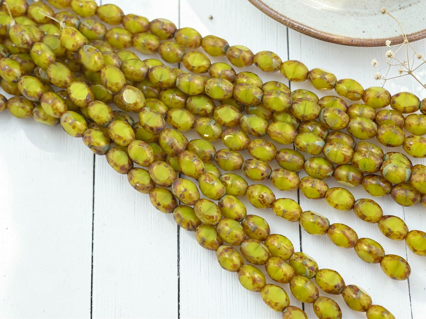 Czech Glass Old Stock Table Cut Oval Window Beads - Yellow Silk Travertine - 6x8mm - 18pcs - (2198)