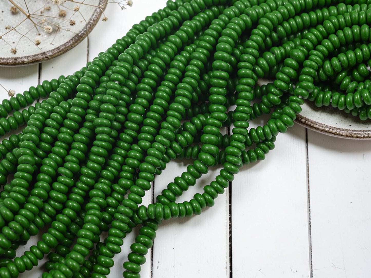 Indonesian Java Glass Beads - Donut Shape - Opaque Green - Approx 4x7mm - 20" Strand - (B324)
