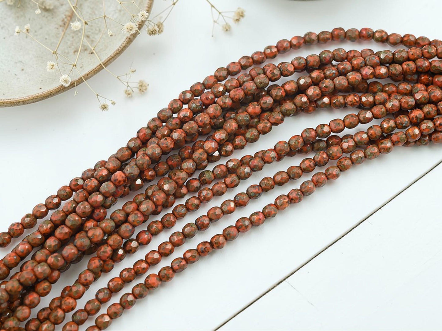 Czech Glass Faceted Fire Polished Round Beads - Opaque Orange Travertine - 4mm - 50pcs - (3999)