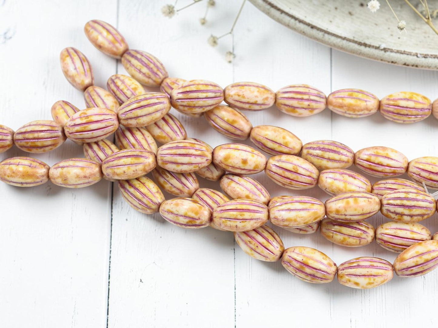 Czech Glass Oval Melon Beads - Pink Washed Alabaster Picasso - 9pcs - 13x8mm - (5834)