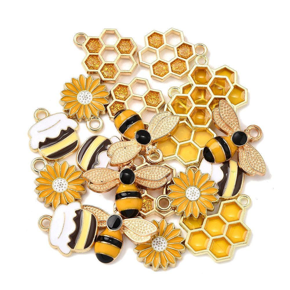 Gold Plated Bumble Bee Enamel Charm Mix - 20pcs - (B439)
