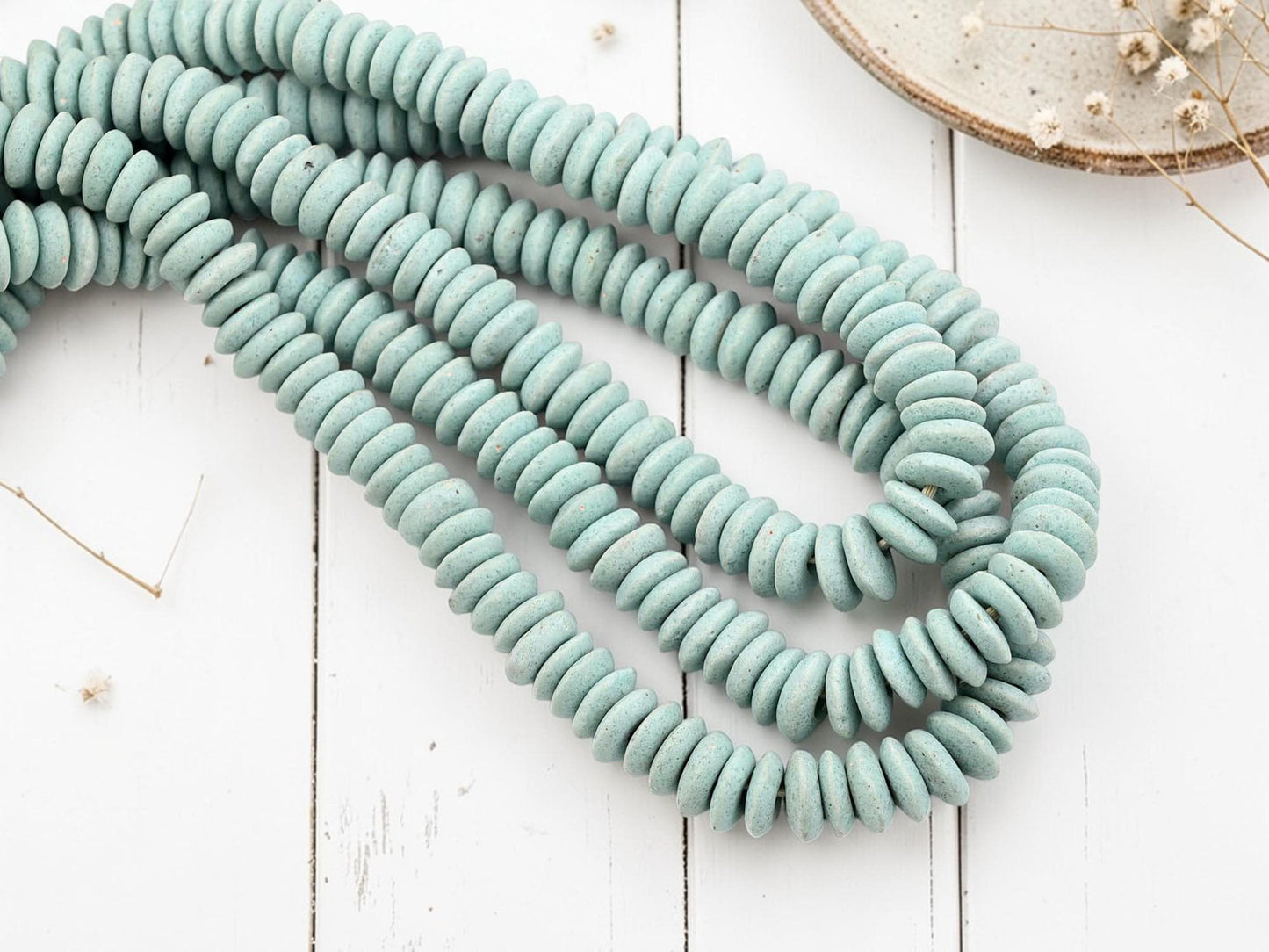 Ghana Africa Recycled Glass Ashanti Heishi Beads - Seafoam Green - 13-15mm - 10" Strand (J60)