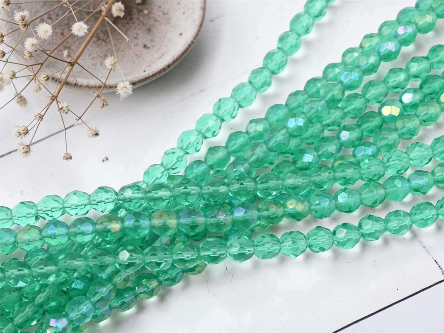 7mm Old Stock Czech Glass Faceted Fire Polished Round Beads - Sea Green Rainbow Luster - 30pcs - (A407)