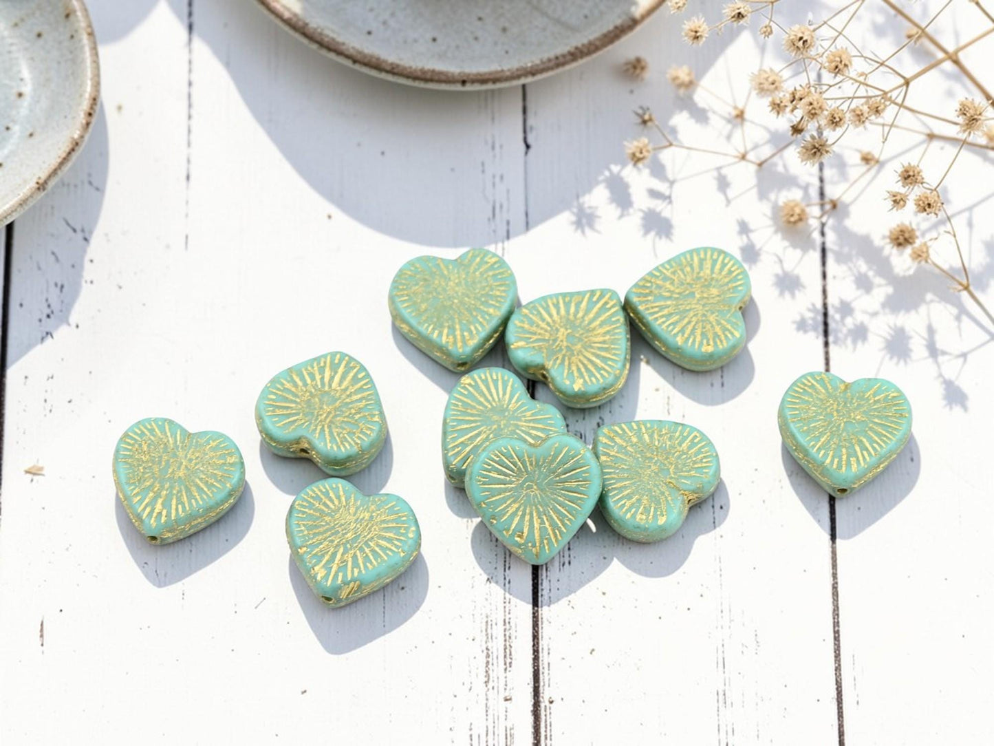 Czech Glass Heart Beads - Gold Washed Turquoise - 14mm - 10pcs - (3137)