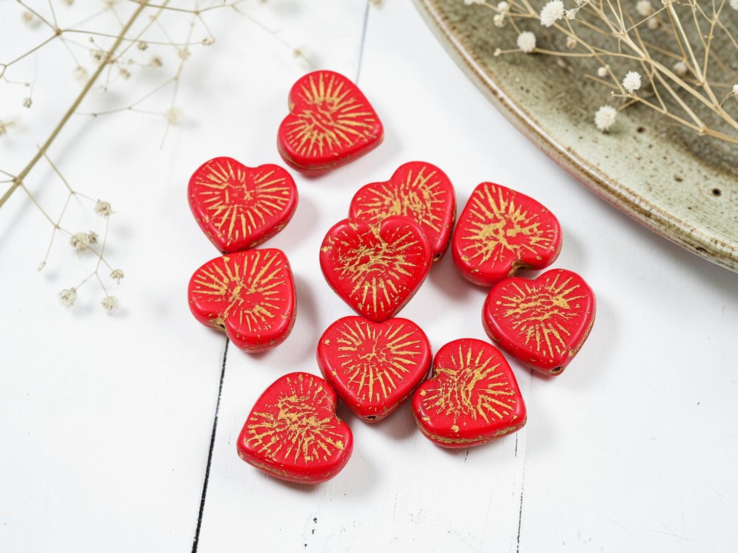 Czech Glass Heart Beads - Gold Washed Red - 14mm - 10pcs - (4739)