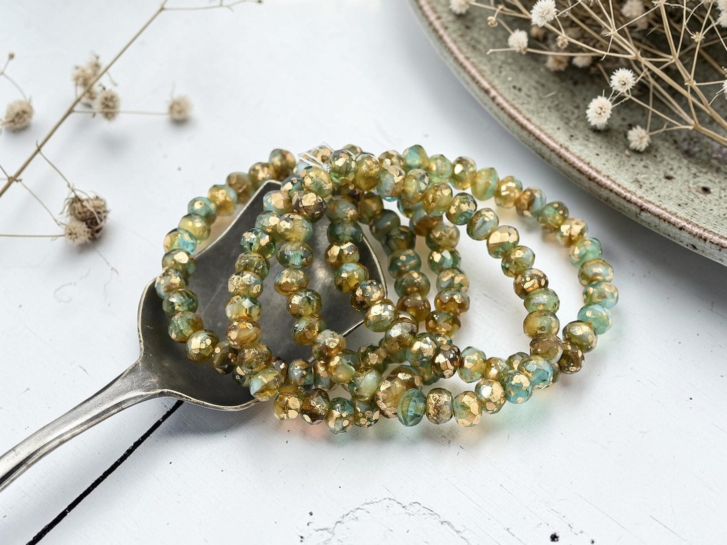 Czech Glass Faceted Fire Polished Rondelle Beads - Gold Washed Aqua A mber - 30pcs - 3x5mm - (1071)