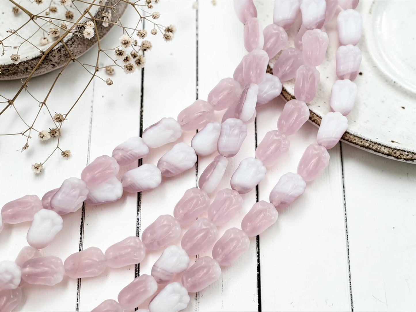 Czech Glass Tulip Flower Beads - Amethyst Purple + White - 12x8mm - 19pcs - (3920)
