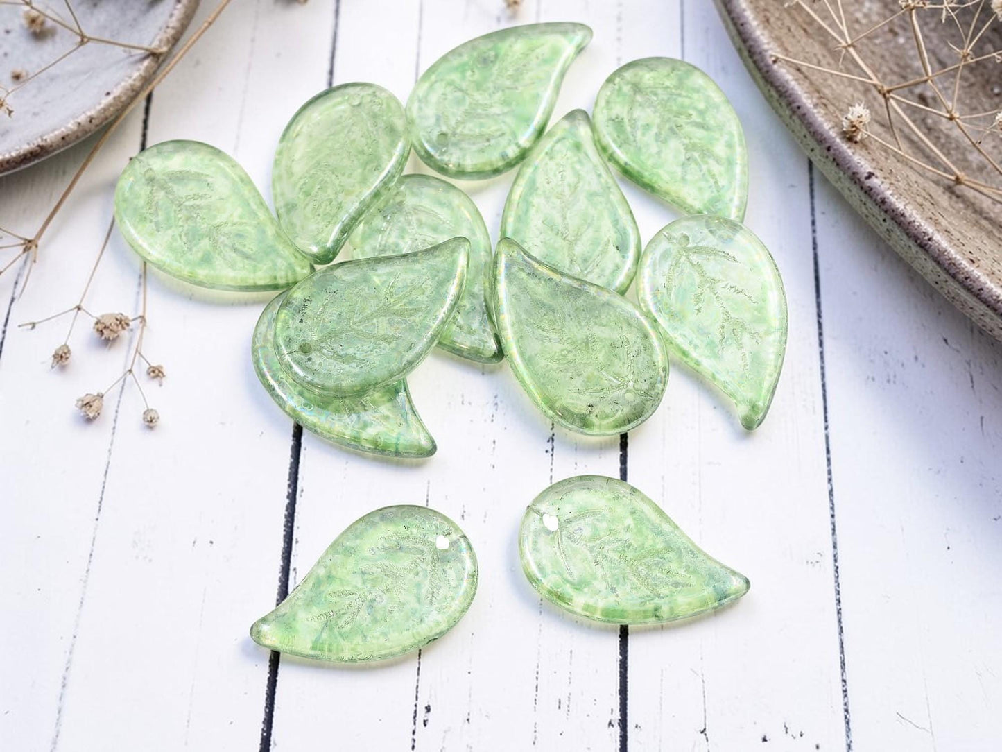 Old Stock Czech Glass Top Hole Leaf Beads - Sage Green Luster - 12pcs - 25x16mm - (1105)