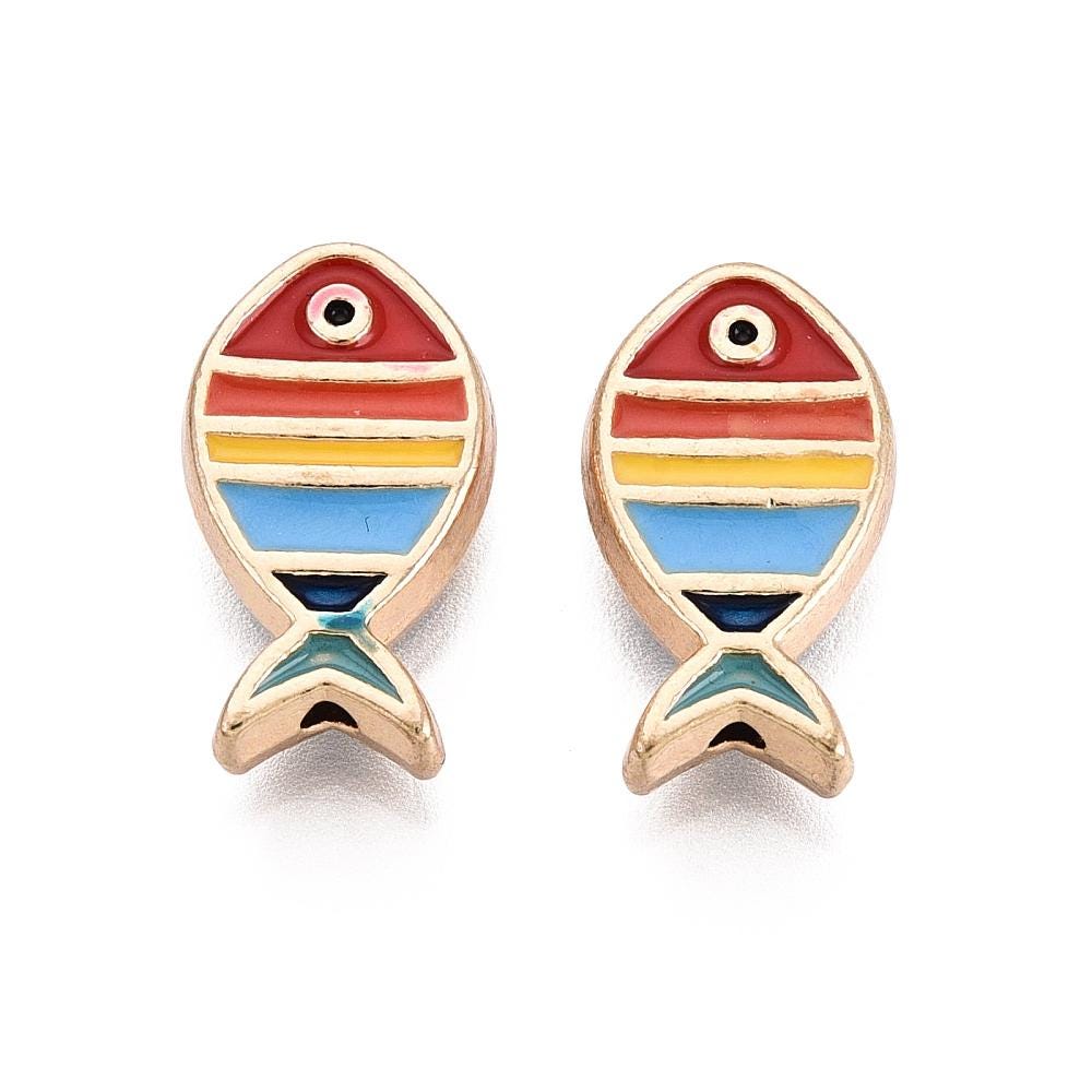 *10* 16x9mm Gold Tone Multicolor Enamel Fish Beads