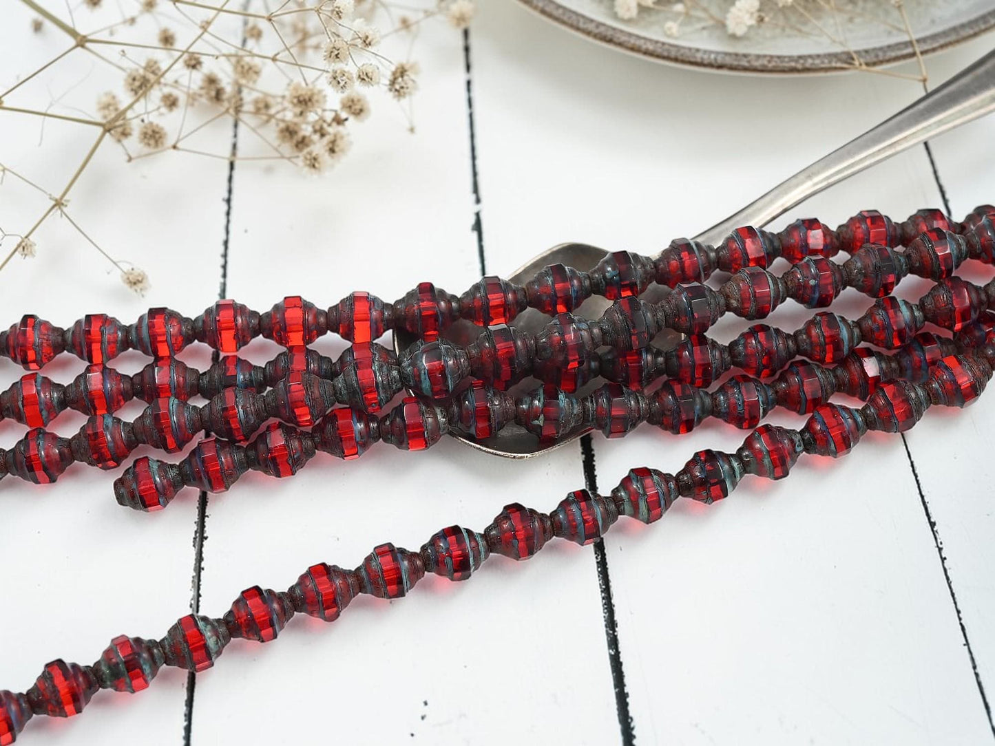 Old Stock Czech Glass Mini Turbine Beads - Siam Ruby Picasso - 7x6mm - 19pcs - (B641)
