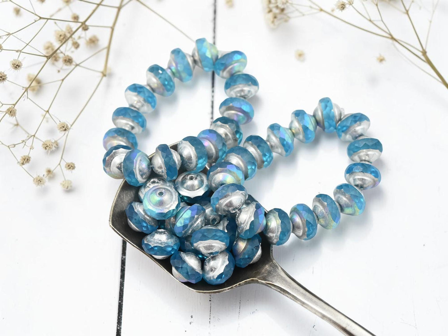 Czech Glass Saturn Beads - Silver Washed Blue Aqua - 6x8mm - 15pcs - (3541)
