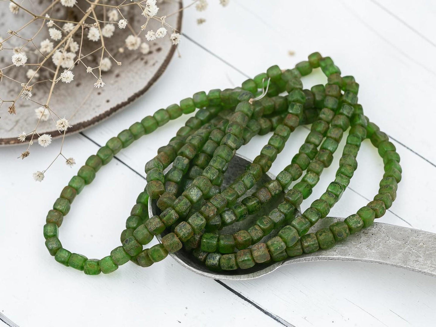 Czech Glass Cube Beads - Etched Green Picasso - 4mm - 40pcs - (A82)