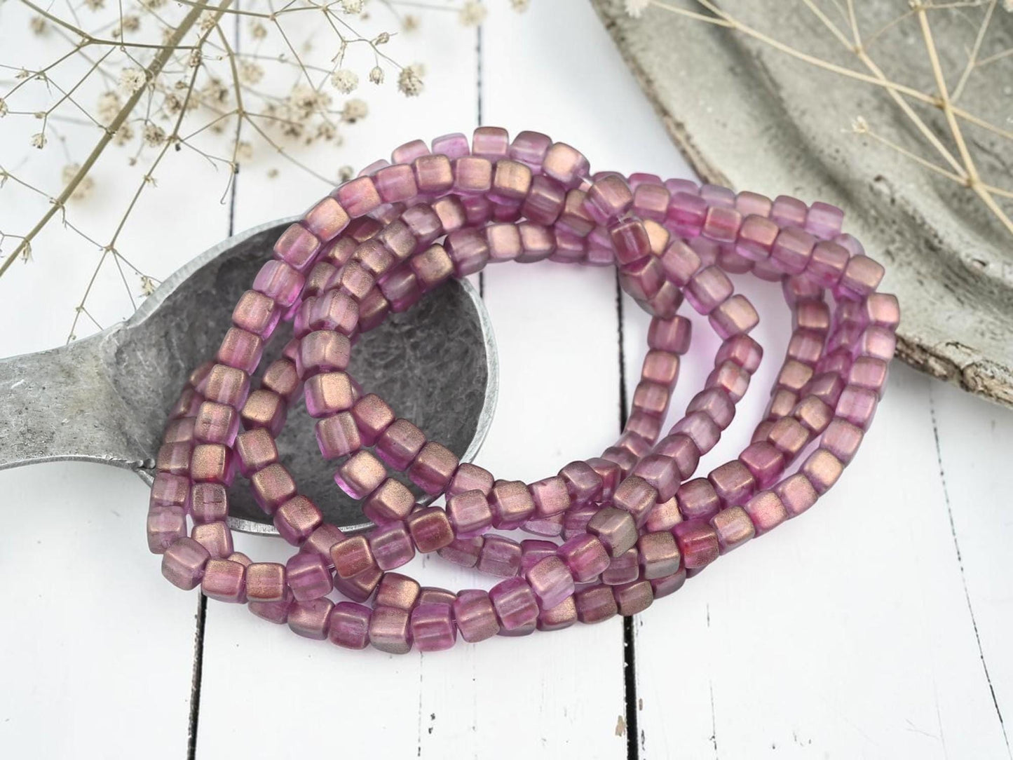 Czech Glass Cube Beads - Bronze Washed Pink Crystal - 4mm - 40pcs - (B532)