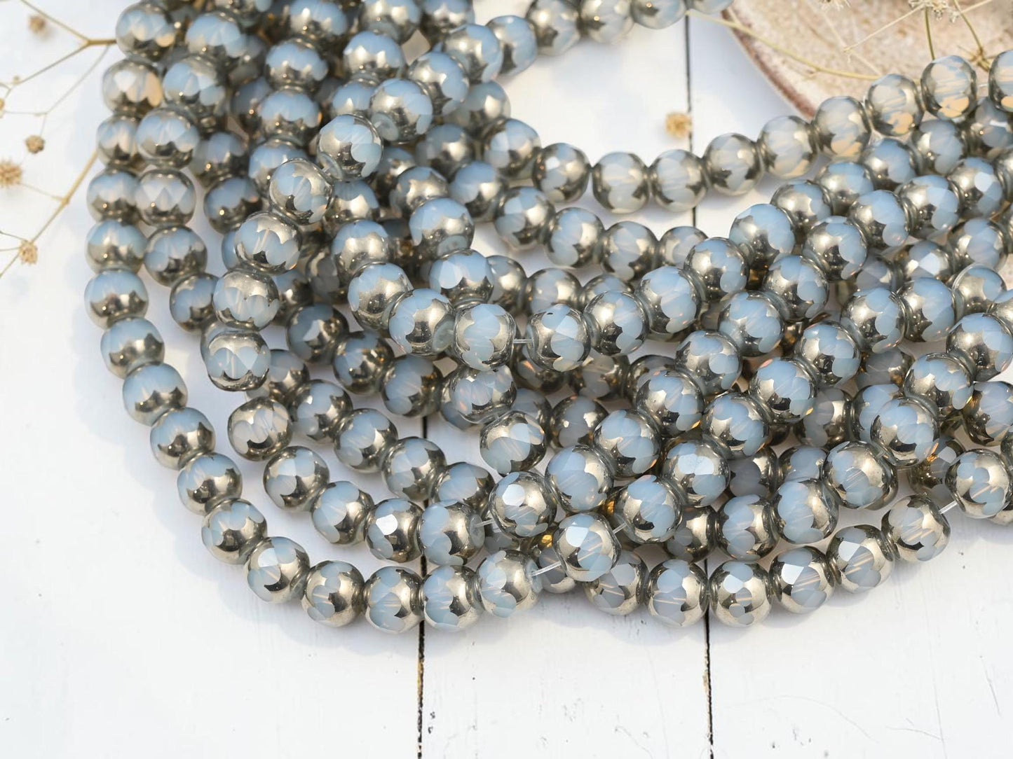 Electroplated Chinese Glass Faceted Round Beads - Silver Plated Crystal Opalite - 7x8mm - 11" Strand - (3483)