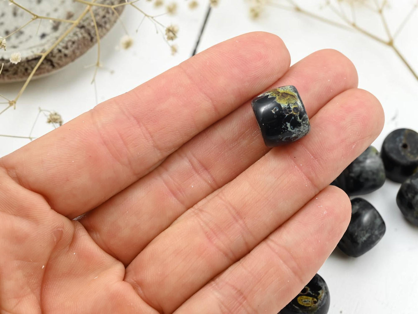 Vintage Old Stock Czech Glass Large Picasso Barrel Beads - Jet Black Travertine - 13x11mm - 6pcs - (A489)