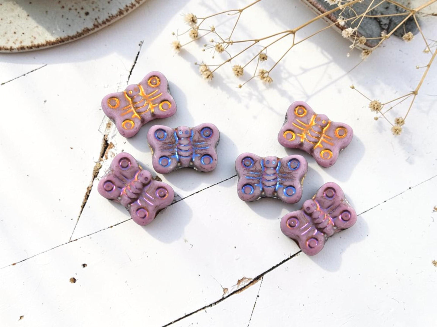 Czech Glass Butterfly Beads - Matte Pink Metallic Vaolcano - 16x11mm - 12pcs - (6006)