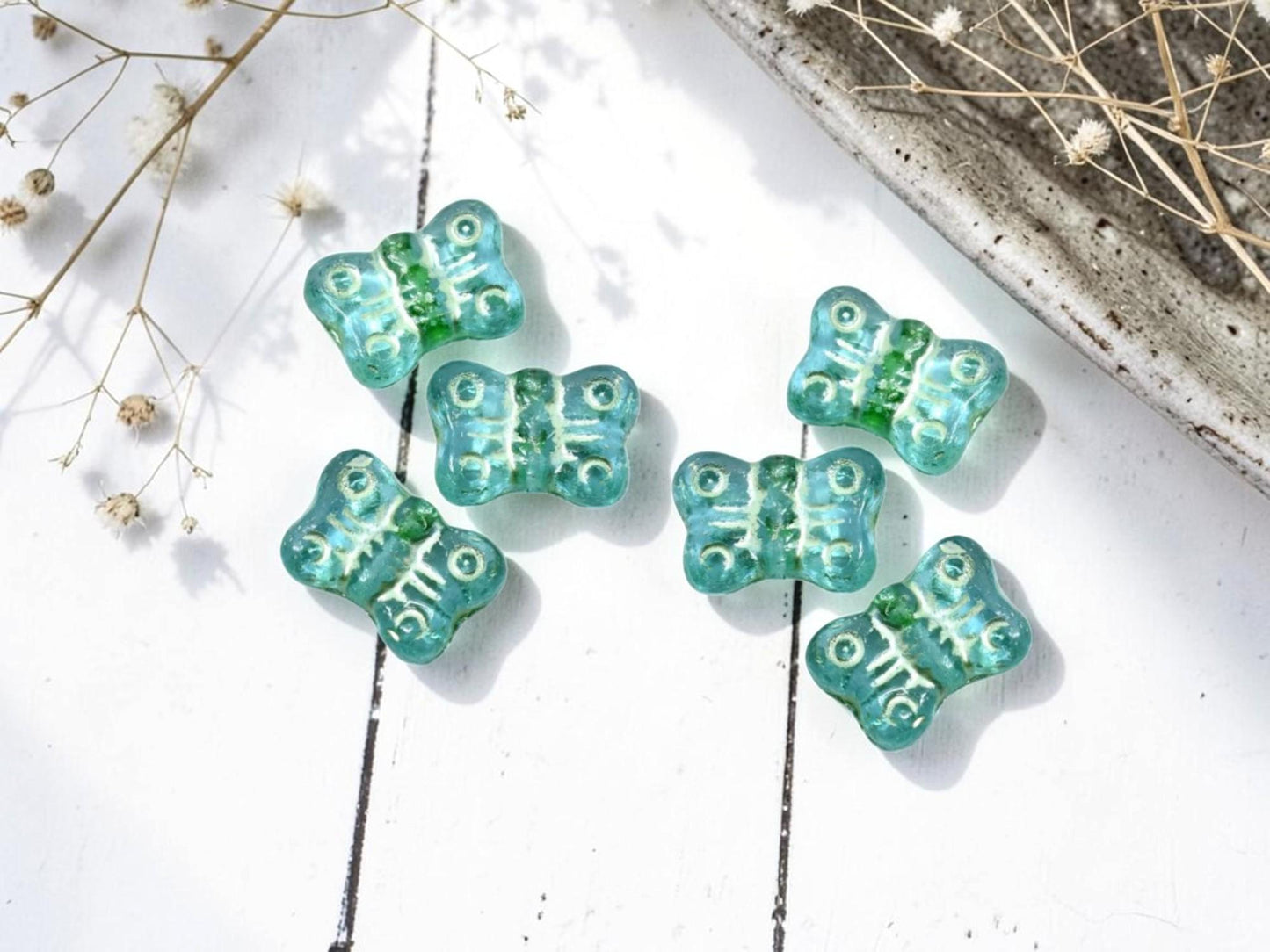 Czech Glass Butterfly Beads - Green Washed Green Aqua - 16x11mm - 12pcs - (5256)