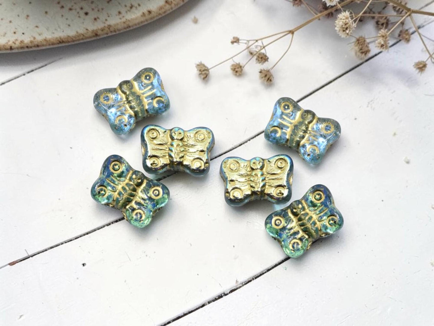 16x11mm Gold Washed Sky Blue Golden AB Butterfly Beads