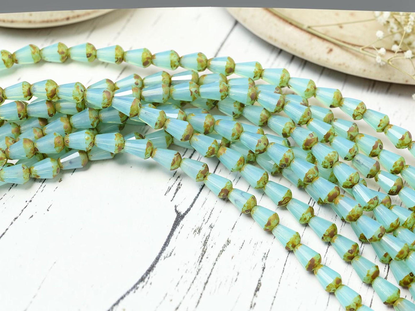 Czech Glass Fire Polished Faceted Vertical Drilled Tear Drop Beads - Aqua Opaline Picasso - 6x8mm - 19pcs - (A167)