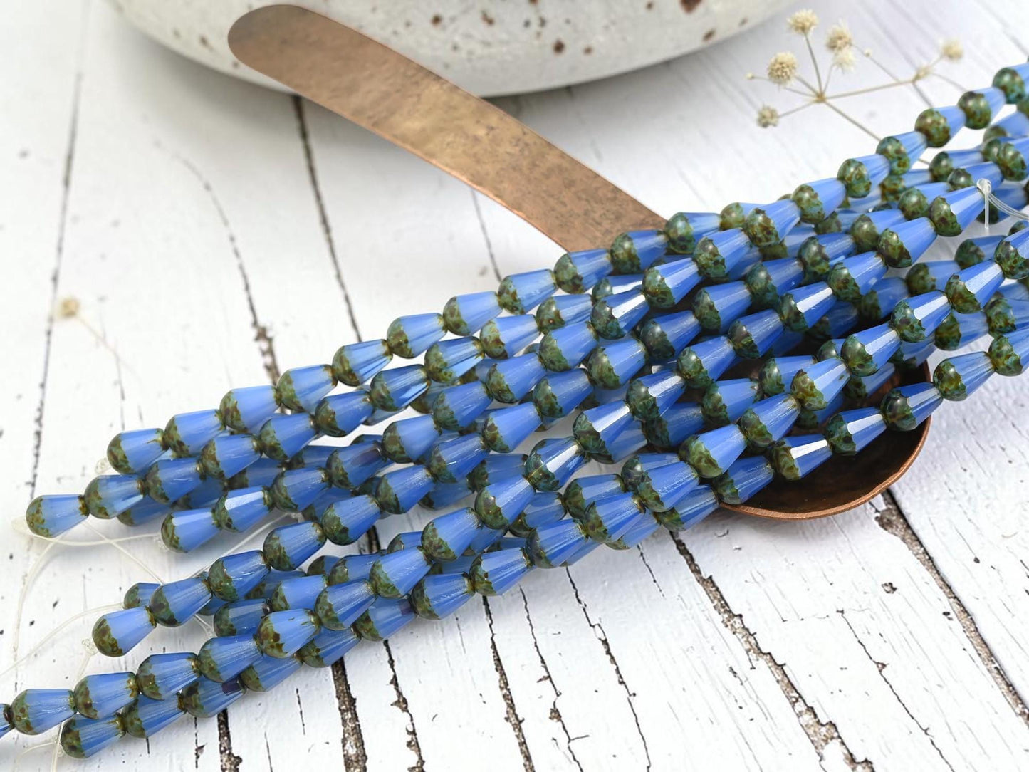 Czech Glass Fire Polished Faceted Vertical Drilled Tear Drop Beads - Blue Opaline Picasso - 6x8mm - 19pcs - (A201)